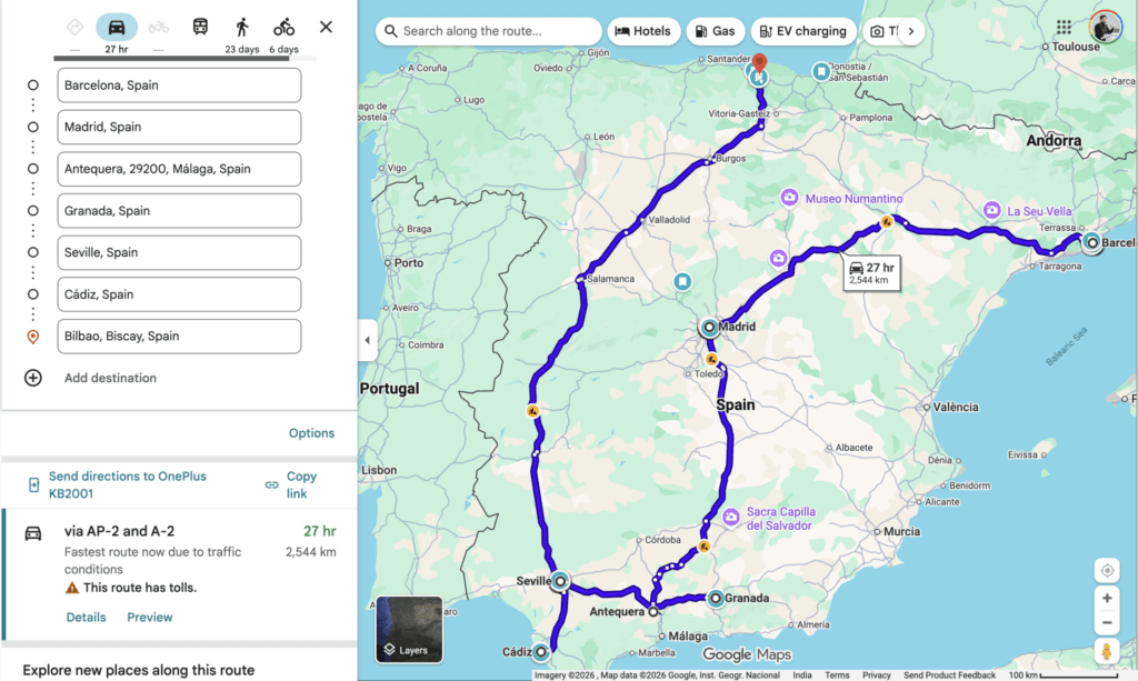 Map of the route across Spain: Barcelona, Madrid, Antequera, Granada, Seville, Cádiz, Bilbao