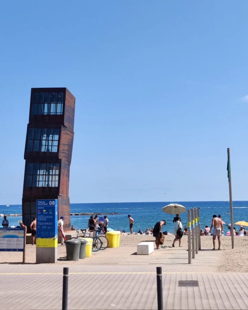 Barceloneta beach and the Mediterranean with a parked bike, Barcelona