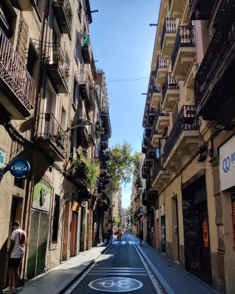 Bike lane on a quiet street in the Gracia neighbourhood of Barcelona