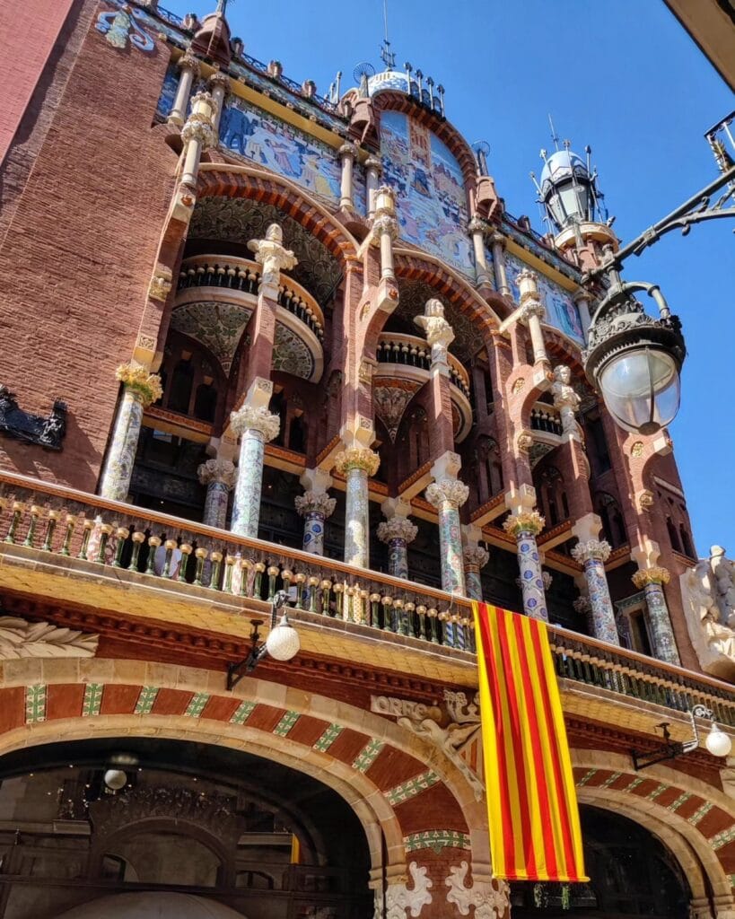 Palau de la Musica Catalana with a Catalan flag, Barcelona