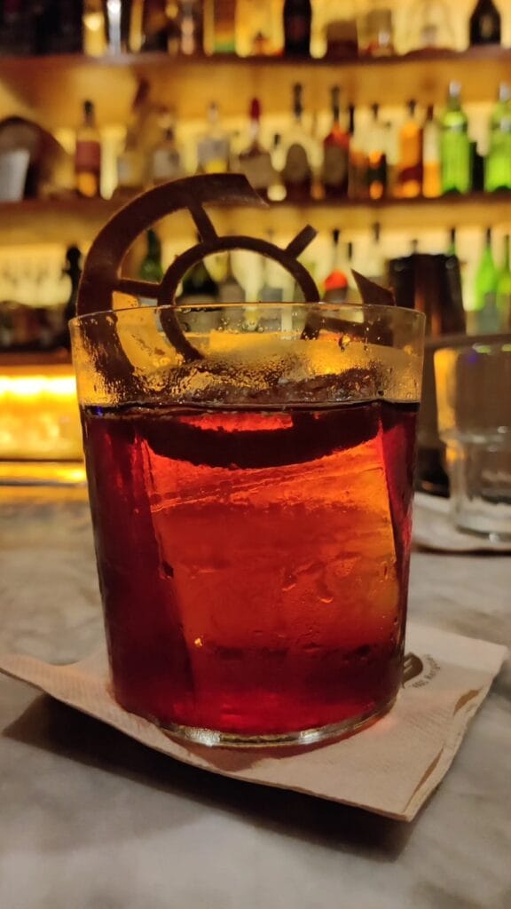 A Negroni cocktail at the Paradiso speakeasy bar in Barcelona