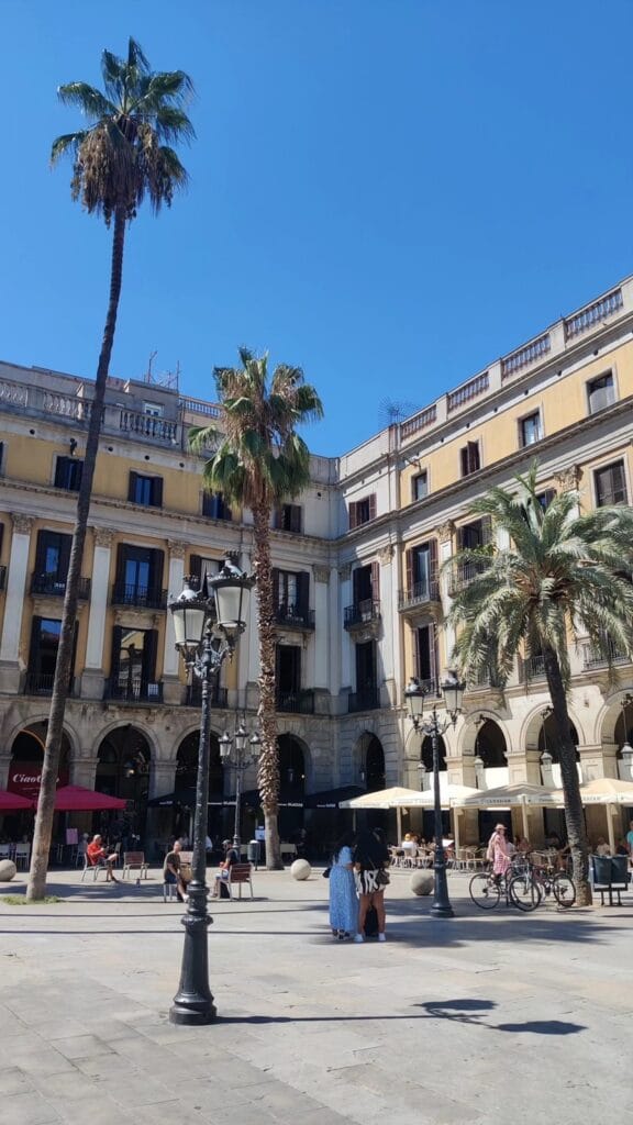 Palm trees and cafe terraces in the arcaded Plaza Reial, Barcelona