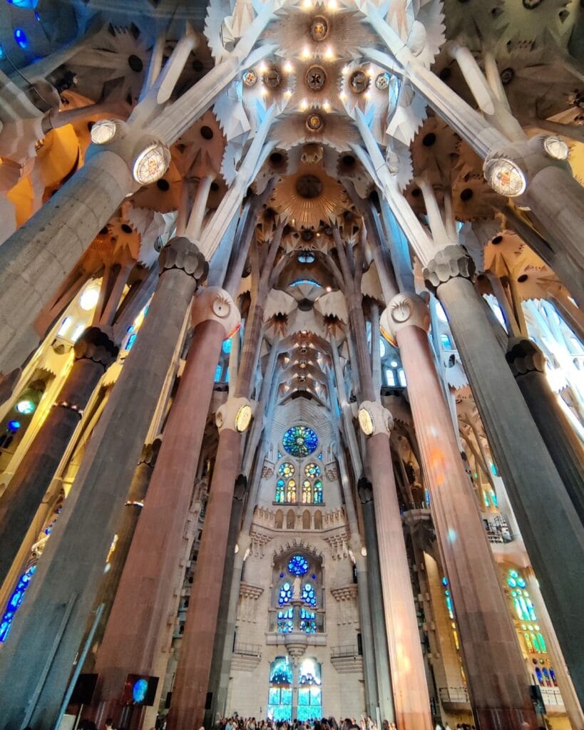 Light through the branching stone columns and rose window inside the Sagrada Familia, Barcelona