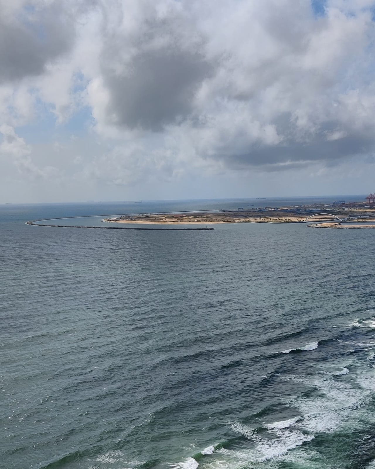 Aerial view of the Port City reclaimed land and breakwater in Colombo