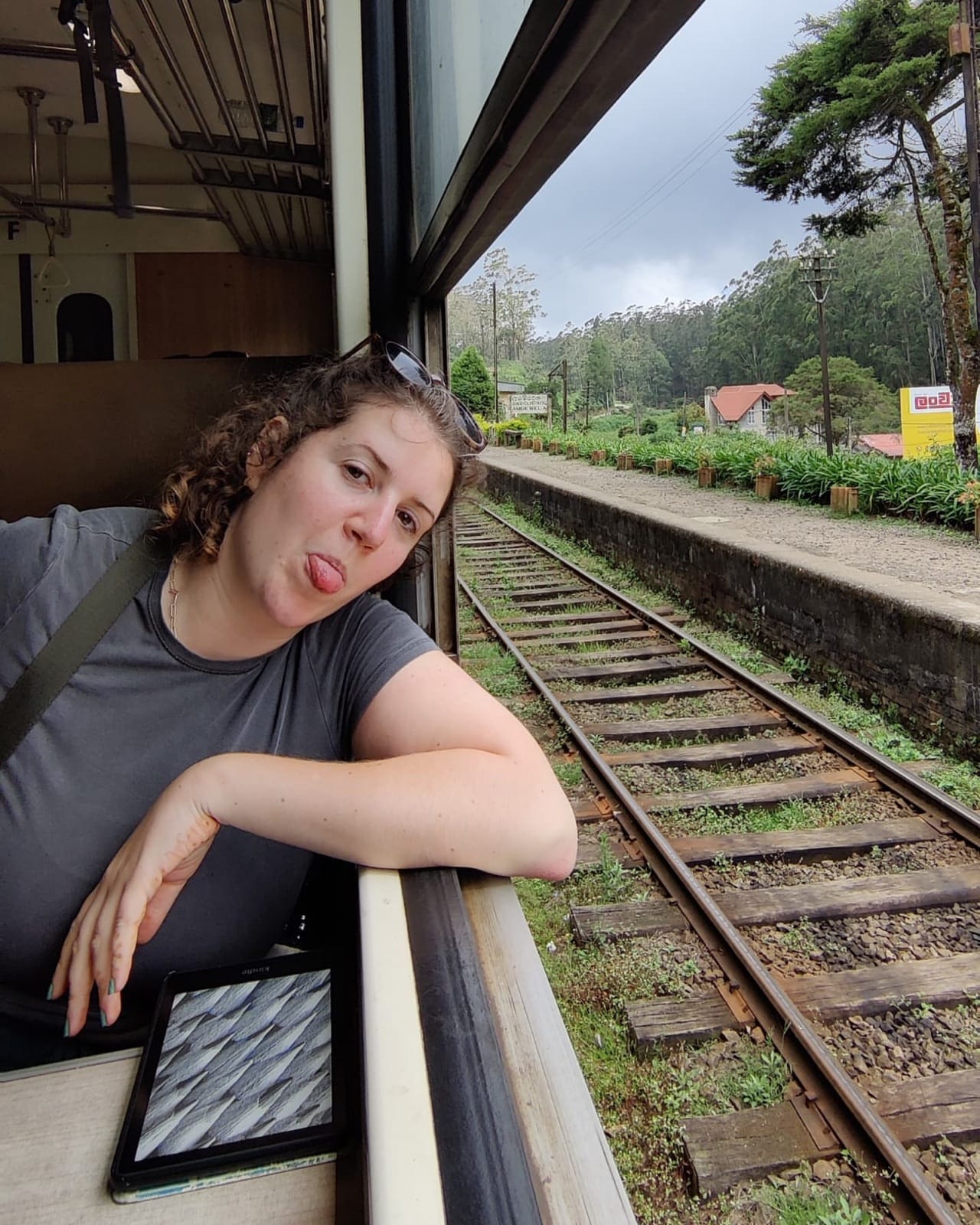 Train friend pulling a face through the carriage window at a station platform