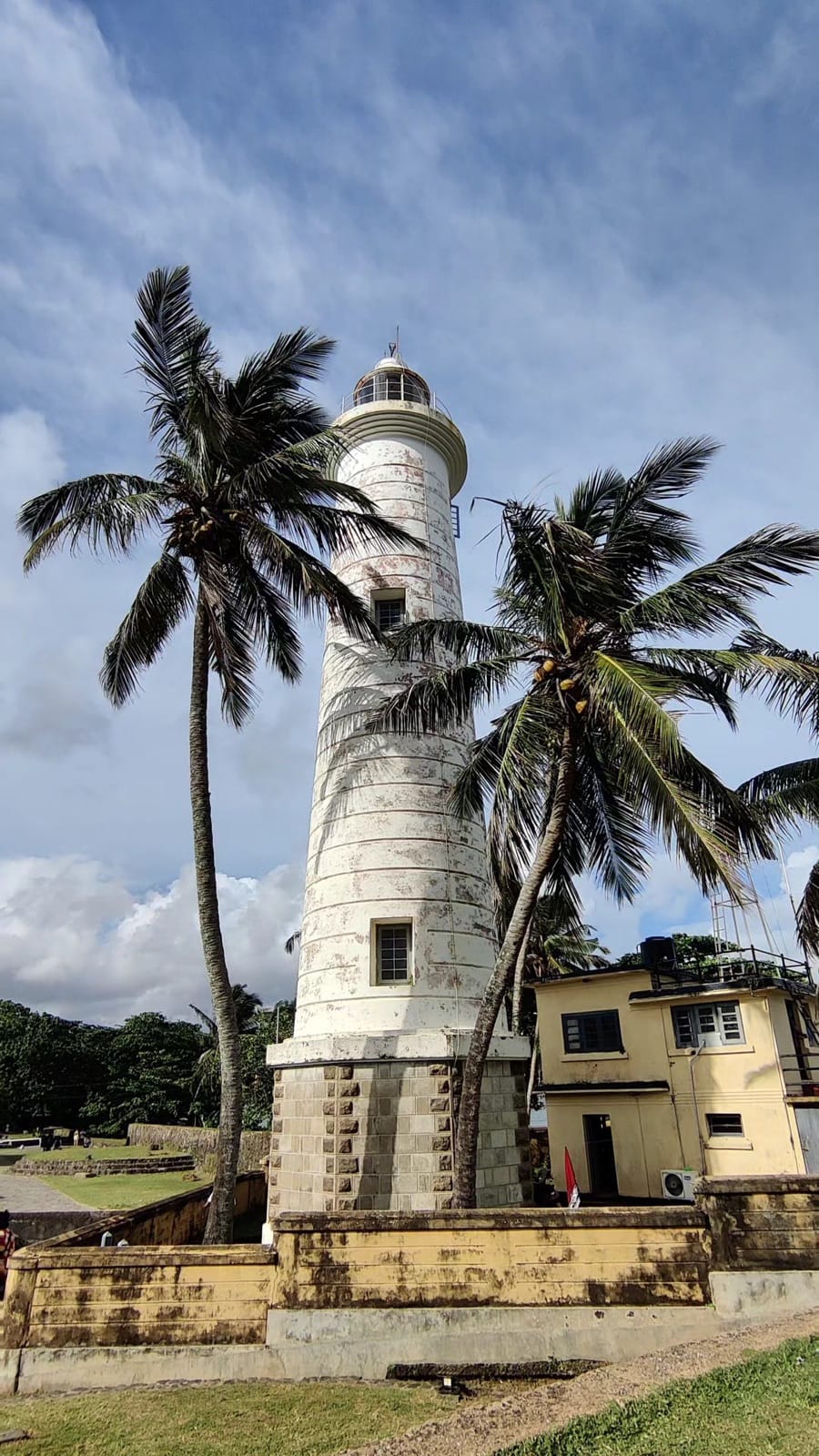 Galle lighthouse framed by two palm trees under a crisp blue sky