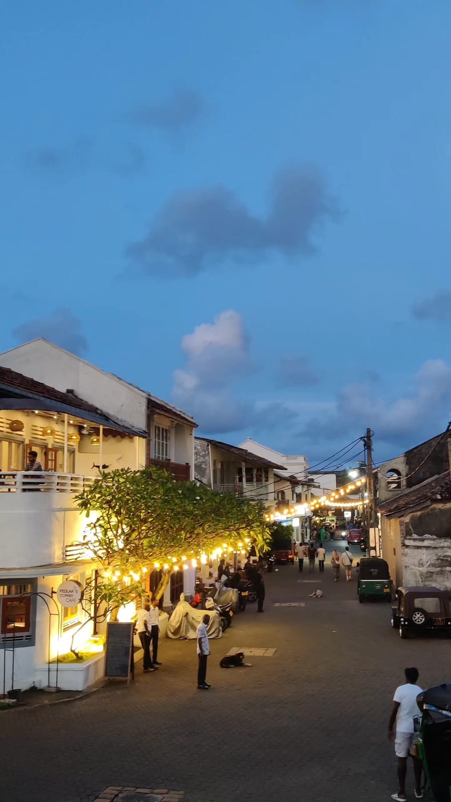 Pedlar Street in Galle Fort at blue hour with string lights and cafes