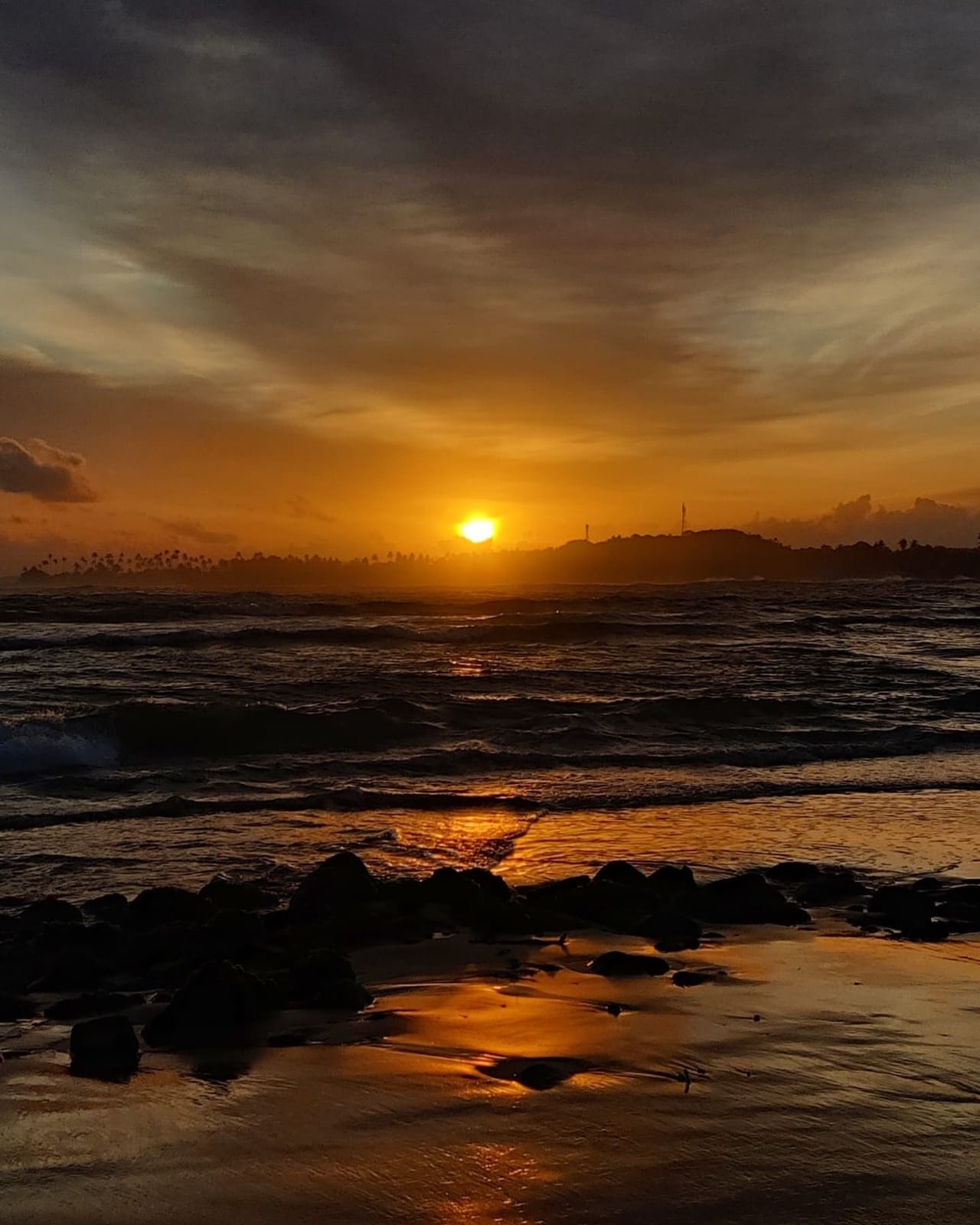 Fiery orange sunset over a rocky beach and palm-lined headland on the south coast