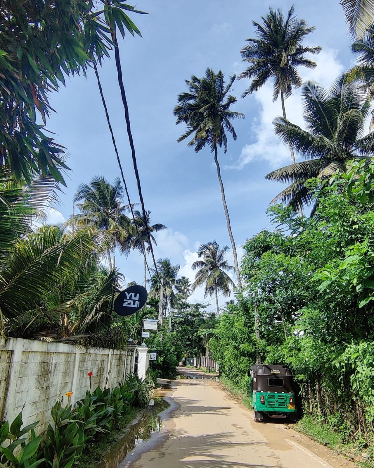 Green tuk-tuk parked on a palm-lined sandy lane in Hiriketiya village