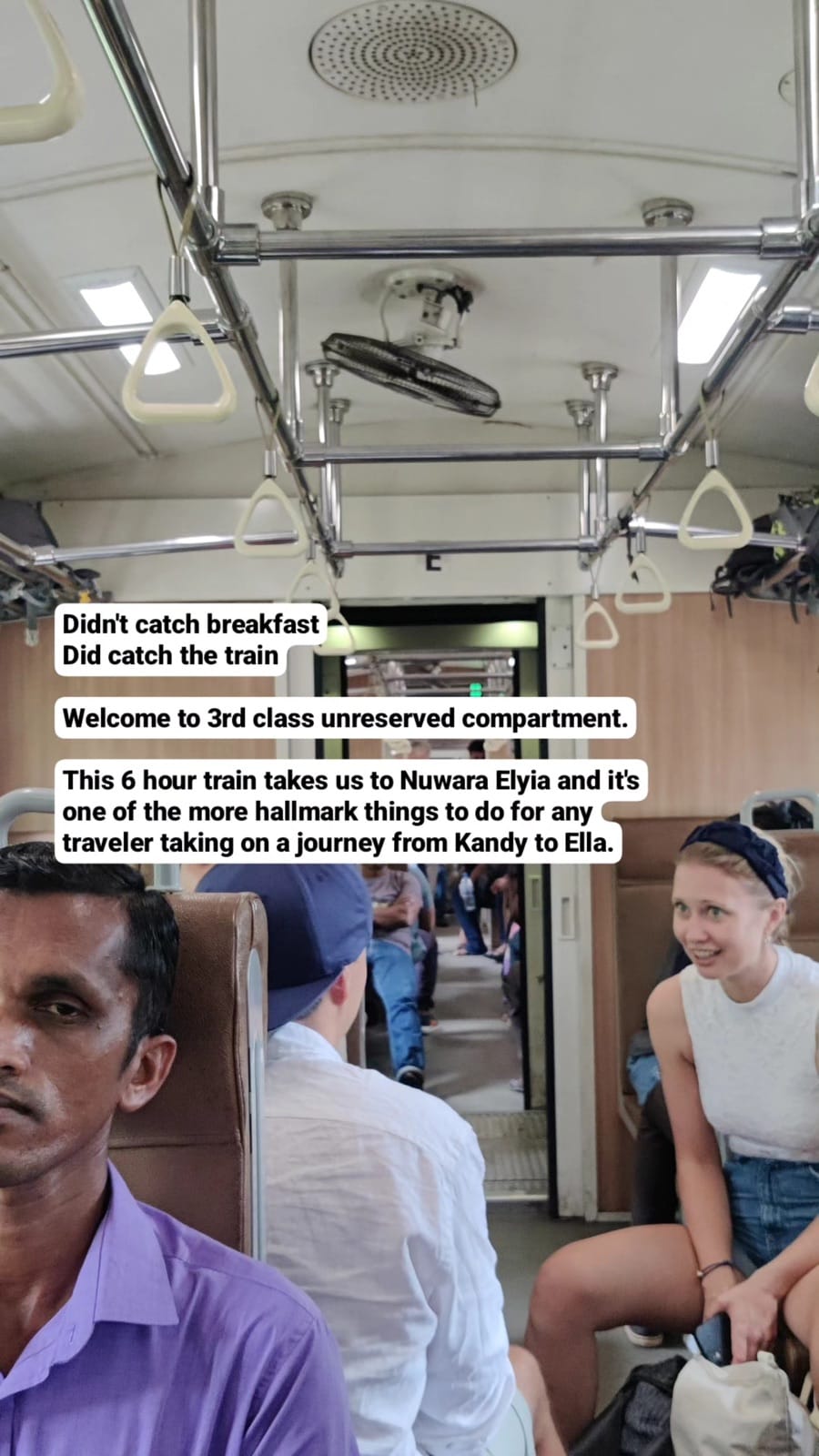 Inside a third class carriage on the Kandy to Ella train in Sri Lanka