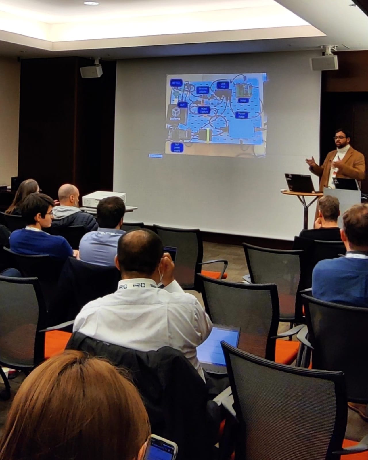 A slide showing an embedded hardware test rig during the Jenkins testing talk at Open Source Summit Japan
