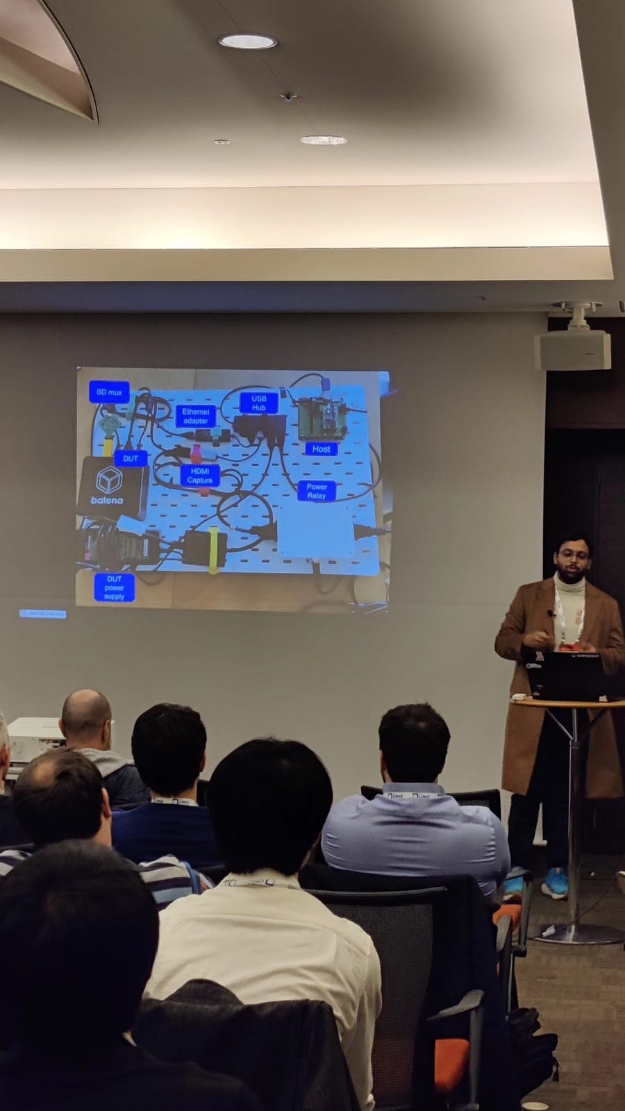 Vipul Gupta presenting the balena hardware-in-the-loop test rig slide at Open Source Summit Japan 2023