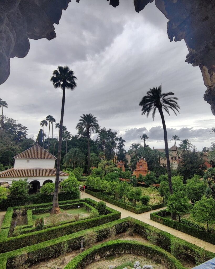 Palm trees and clipped hedges in the gardens of the Real Alcazar, Seville