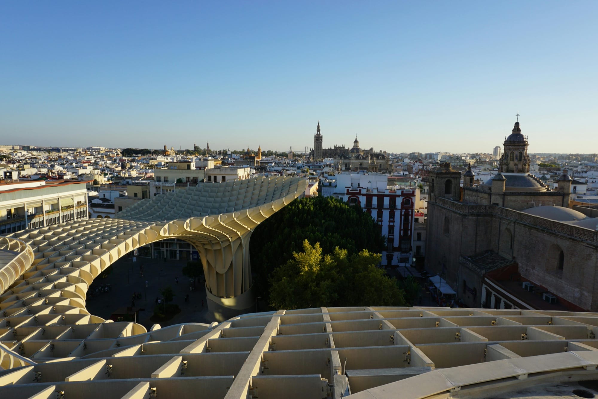 Seville rooftops and the Giralda seen from Las Setas at golden hour