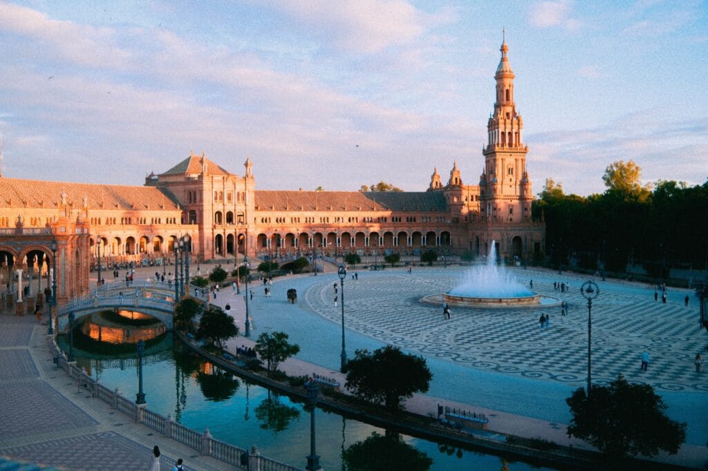Wide view of a Spanish city skyline at golden hour