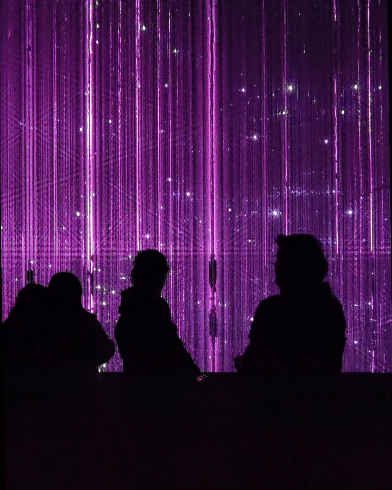 Three silhouetted visitors watching a shimmering wall of purple LED strands at teamLab Planets