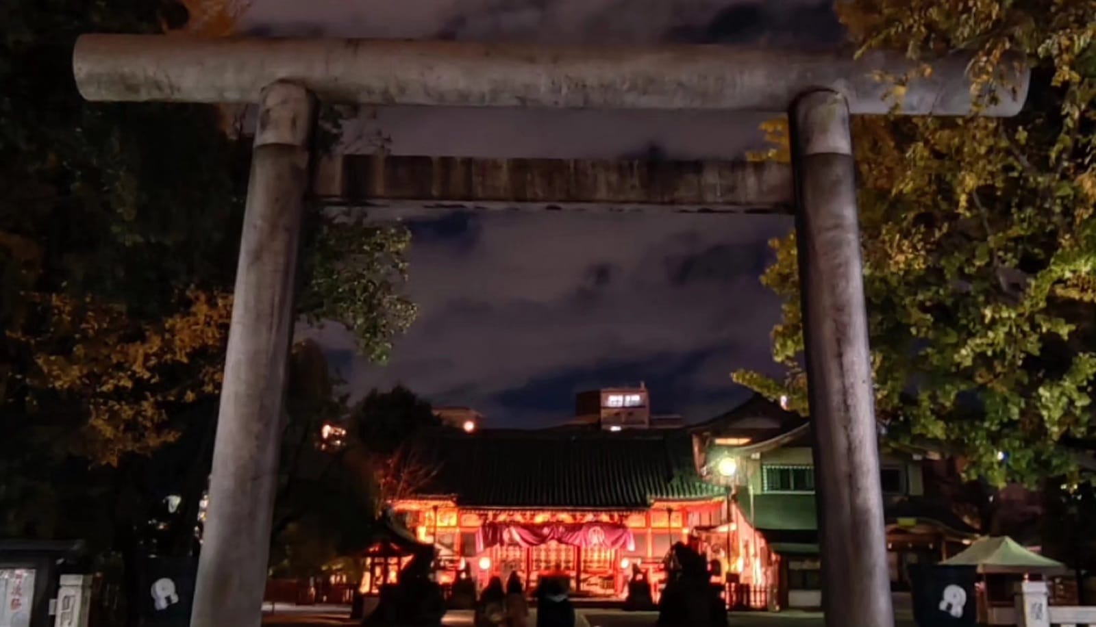 A stone torii gate framing the red-lit Asakusa Shrine at night with golden ginkgo leaves overhead