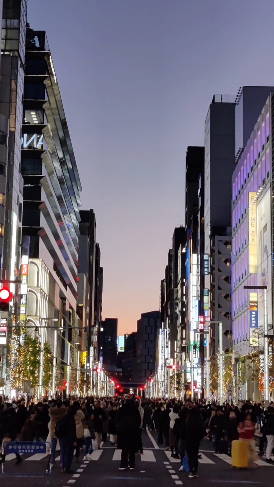 Crowds filling Ginza's pedestrianised Chuo-dori at dusk under a purple and orange sky