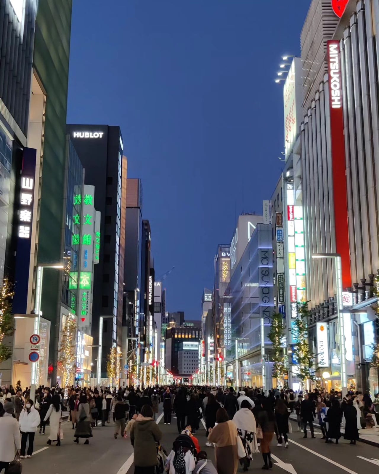 Blue-hour view of Ginza's Chuo-dori with lit department store facades and Christmas-illuminated trees