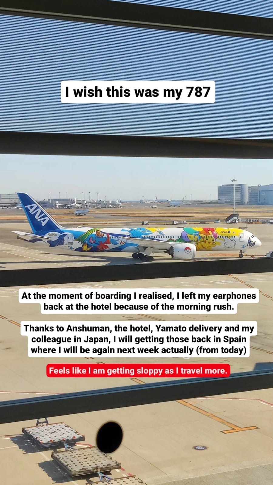 ANA's Pokemon-liveried Boeing 787 Pikachu Jet taxiing past the Haneda Airport terminal window