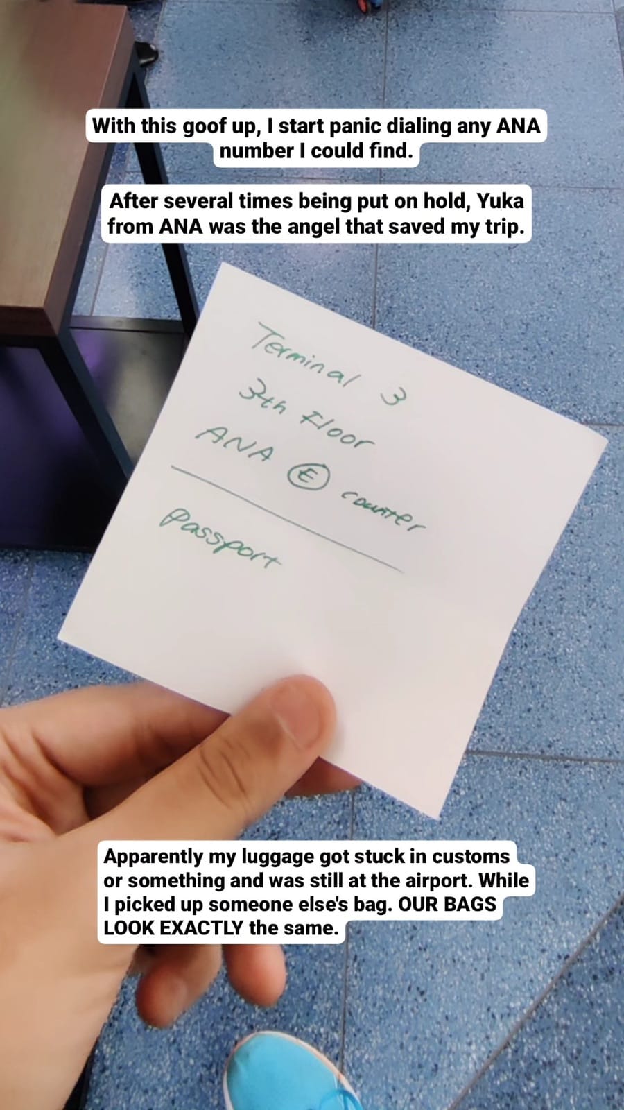 Handwritten note with directions to the ANA counter at Haneda Terminal 3 for returning a swapped suitcase