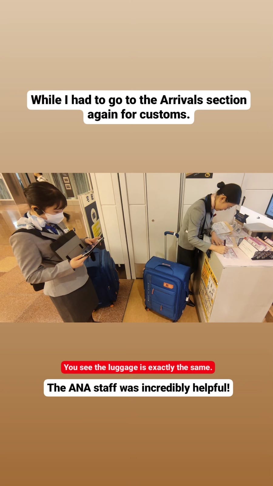 Two nearly identical blue suitcases side by side at the Haneda Airport customs counter during the luggage swap