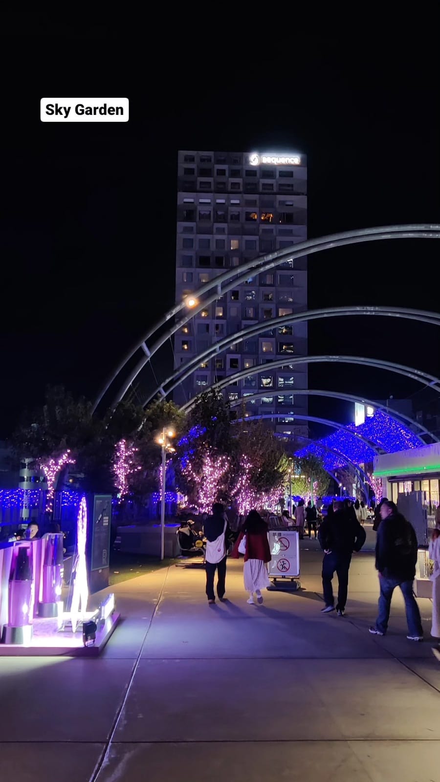 Miyashita Park rooftop sky garden at night with blue illuminated trees in Shibuya, Tokyo