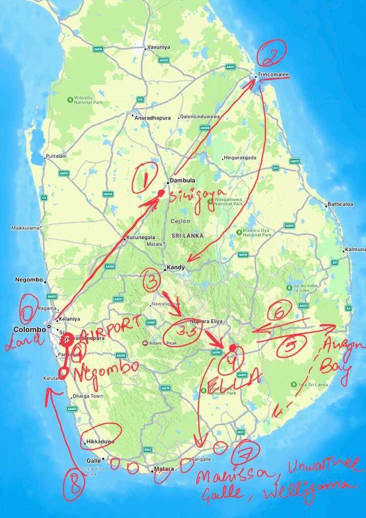 Map of Sri Lanka with the trip route drawn in red: Colombo, Sigiriya, Trincomalee, Kandy, Nuwara Eliya, Ella and the south coast