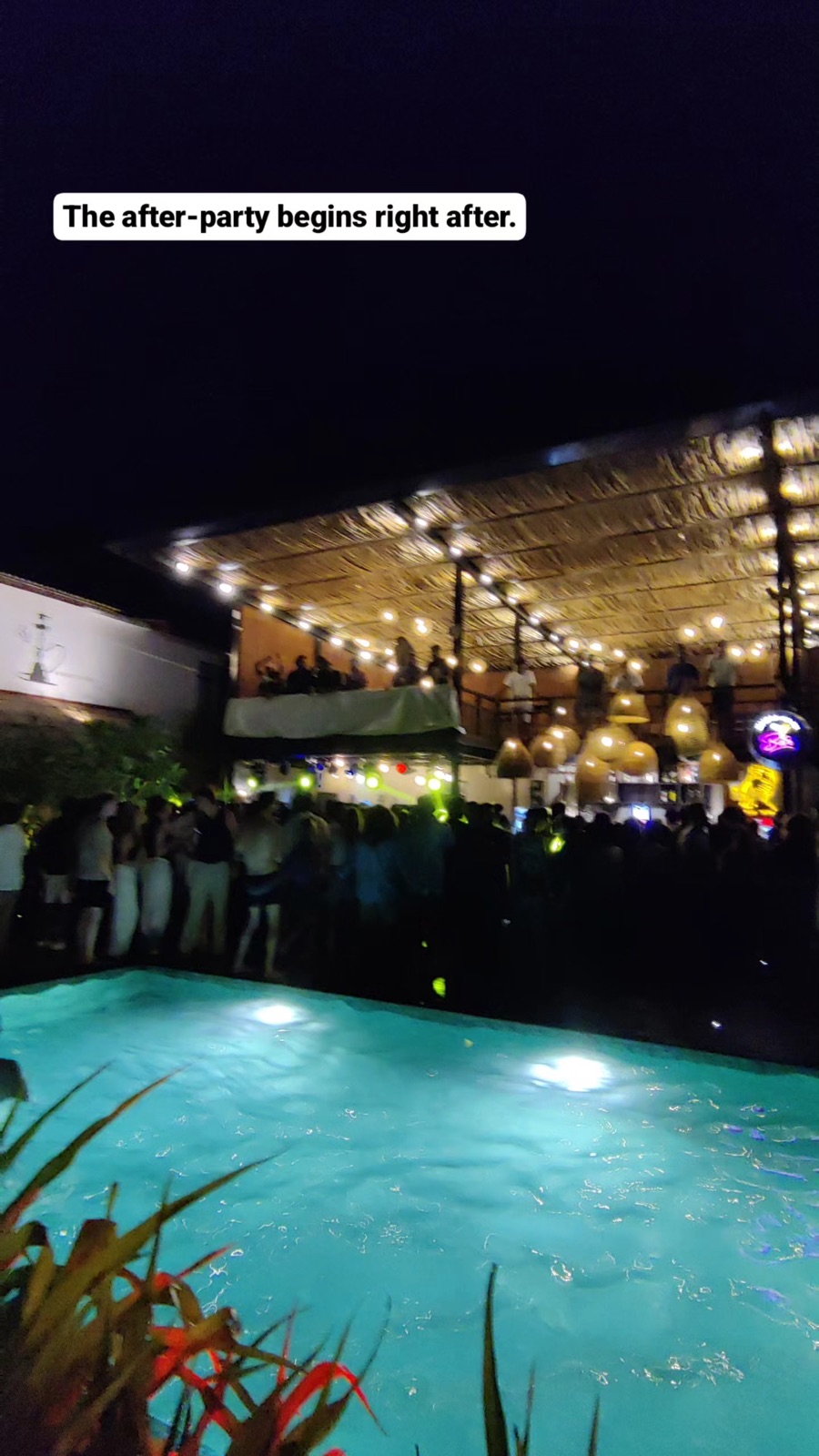 Poolside after-party under fairy lights at night on the south coast