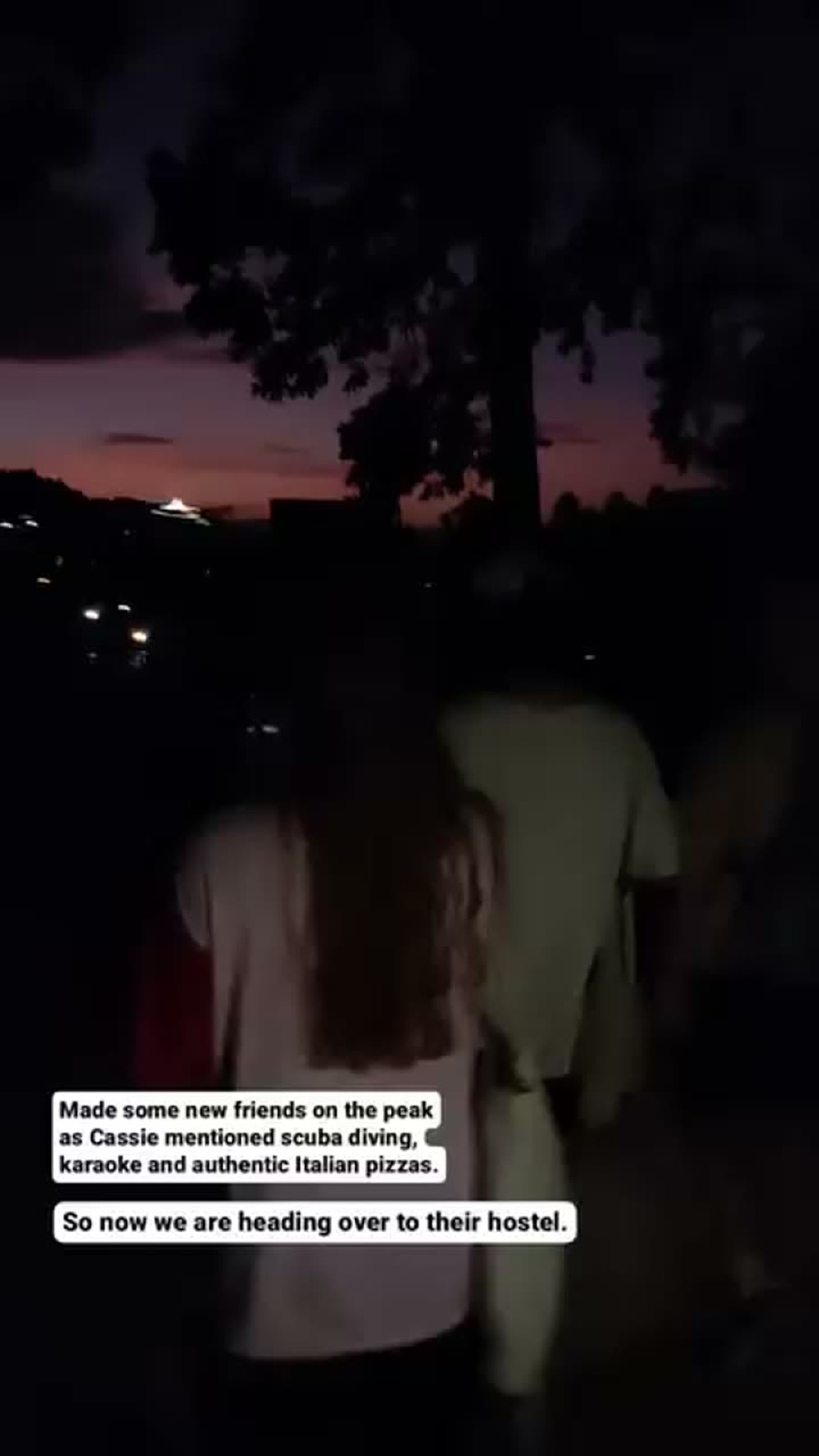 Story frame walking in the dark with new friends to their hostel in Ella