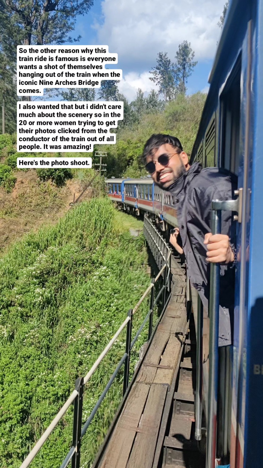 Story frame: the train conductor photographing twenty passengers hanging out of the doors