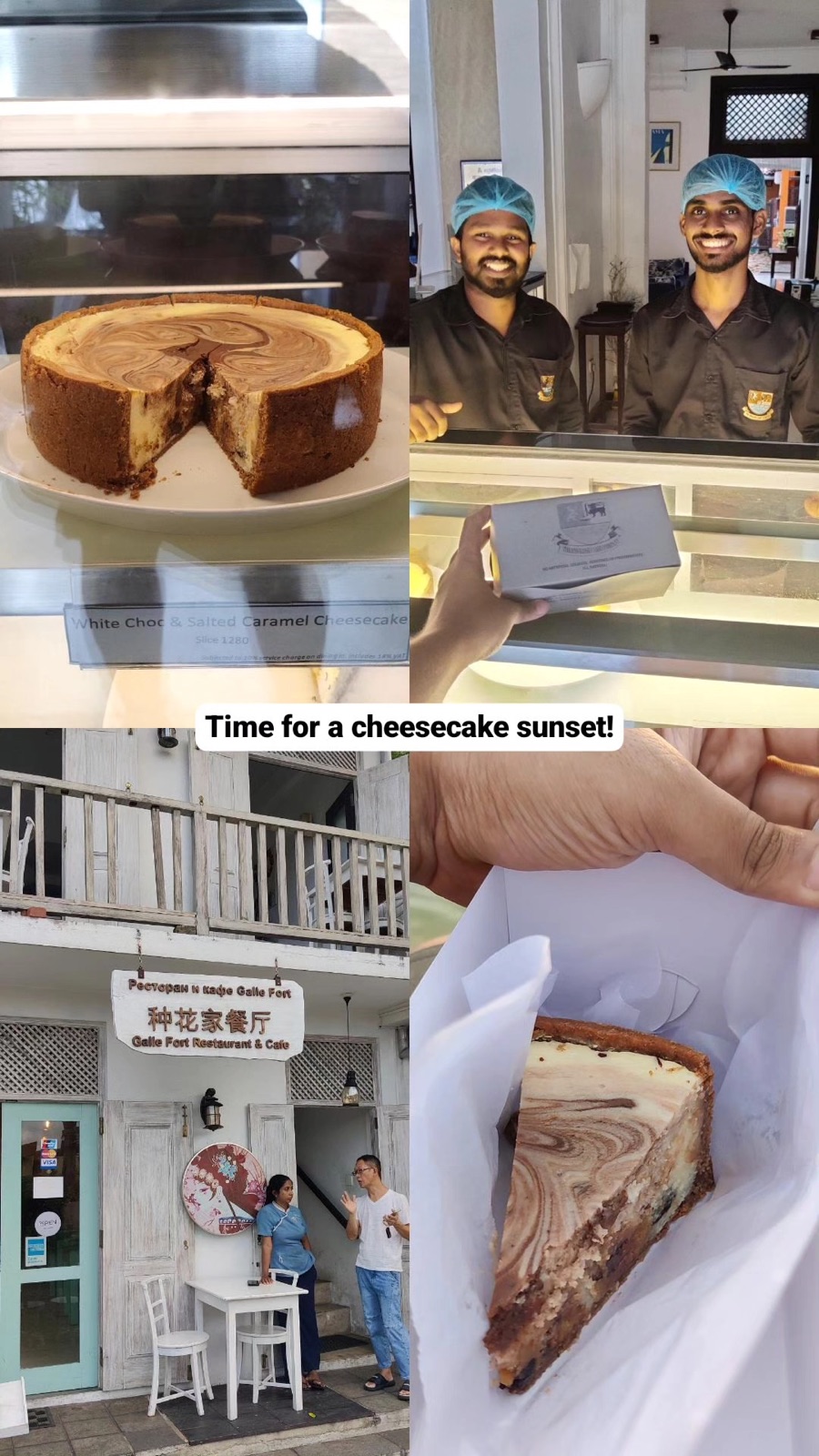 A slab of white chocolate salted caramel cheesecake bought for sunset on the Galle Fort ramparts
