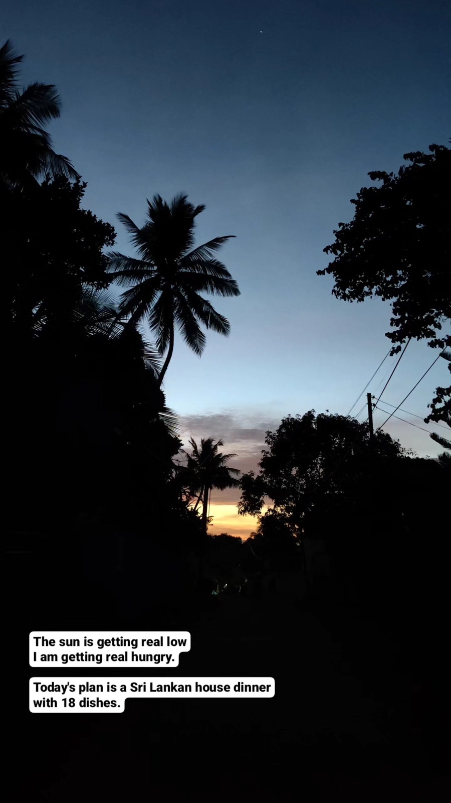 Story frame at dusk: tonight is a Sri Lankan house dinner with 18 dishes