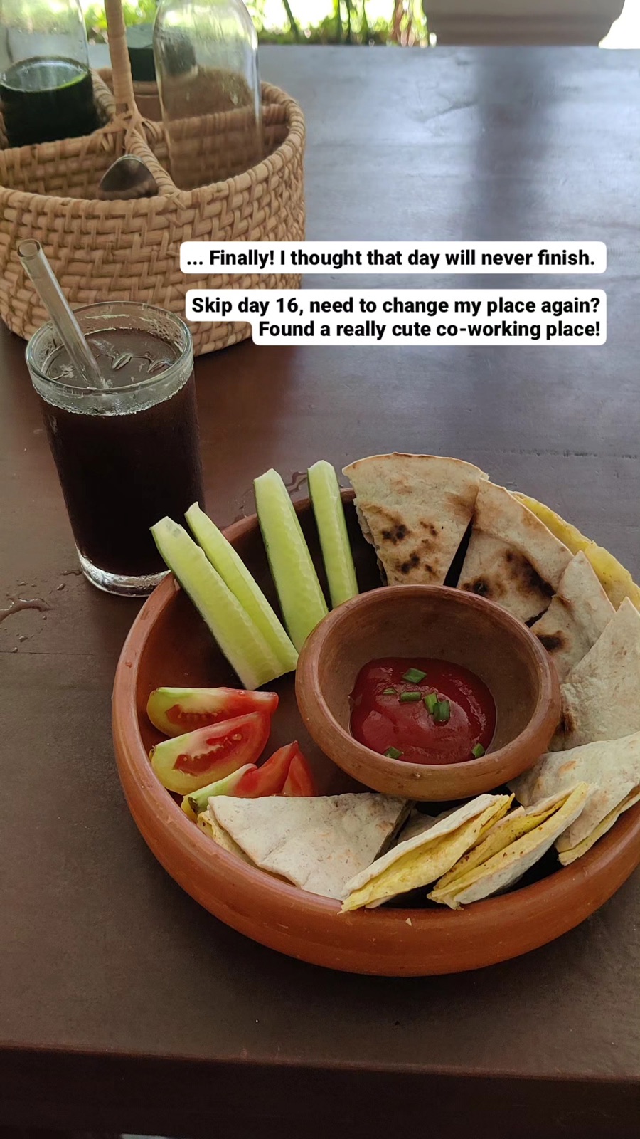 Iced coffee and a snack platter at a coworking cafe in Hiriketiya