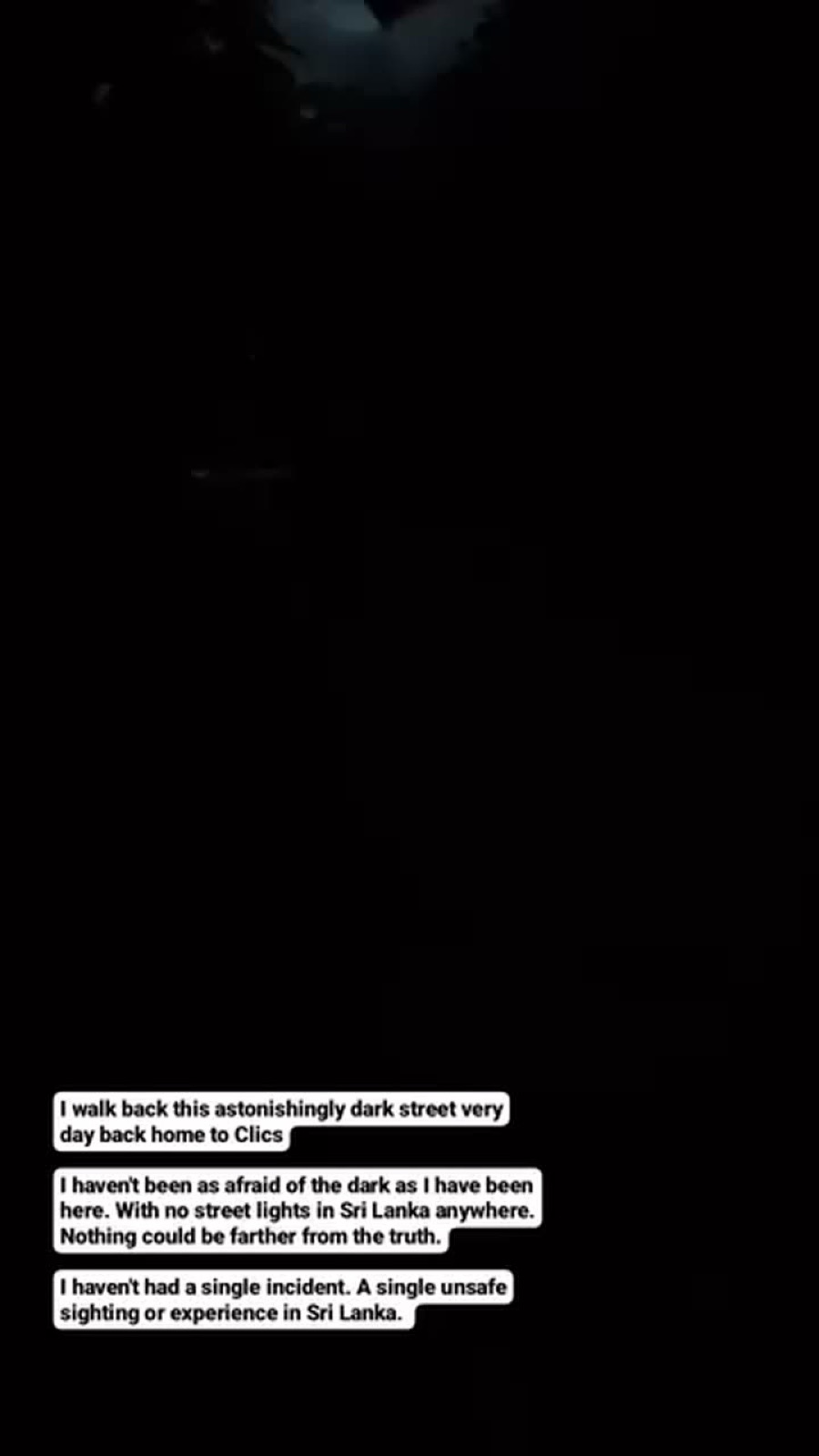 Story frame of a pitch-dark street walk home to Clics: not a single unsafe experience
