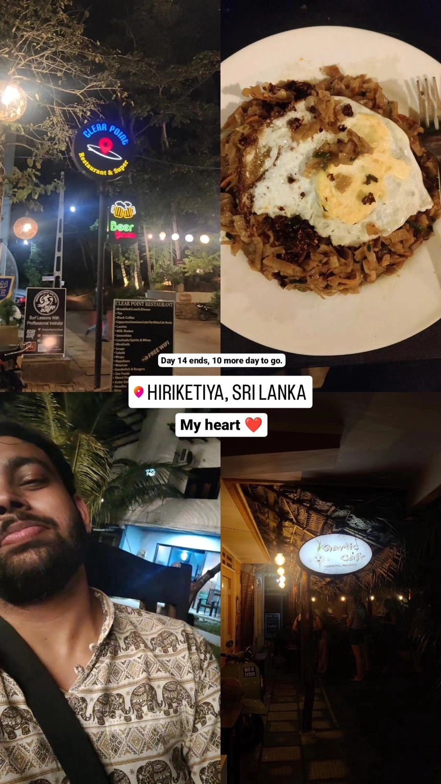 Story collage of Hiriketiya at night: neon signs and kottu with a fried egg
