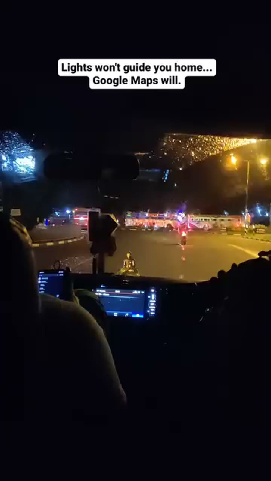 Story frame of a dark road home at night: lights won't guide you home, Google Maps will