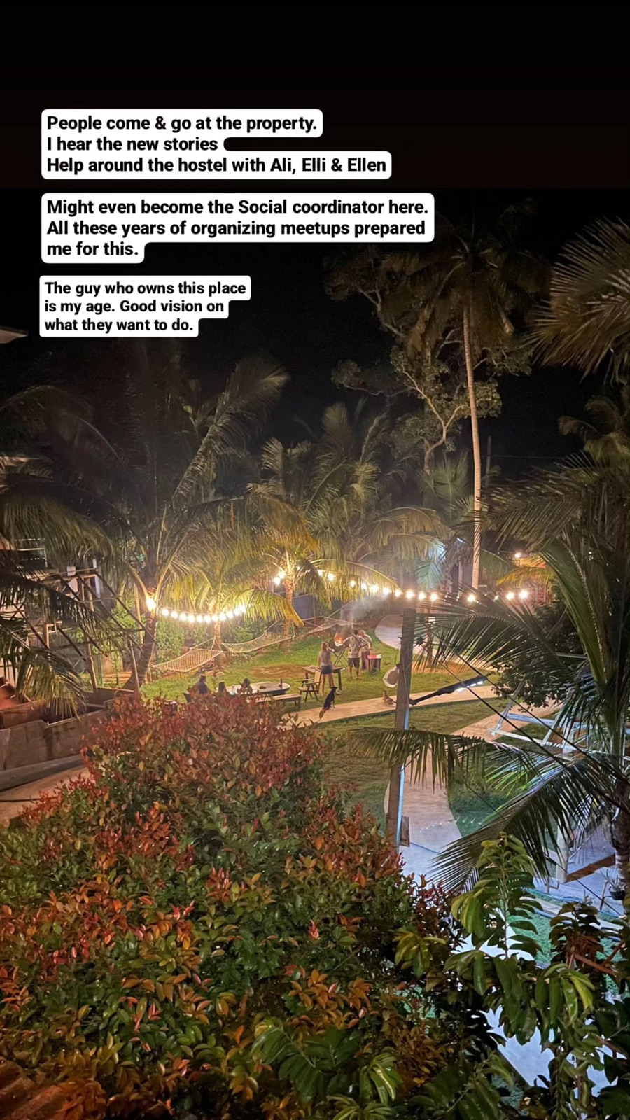 Story frame of the hostel garden at night: might become the social coordinator here