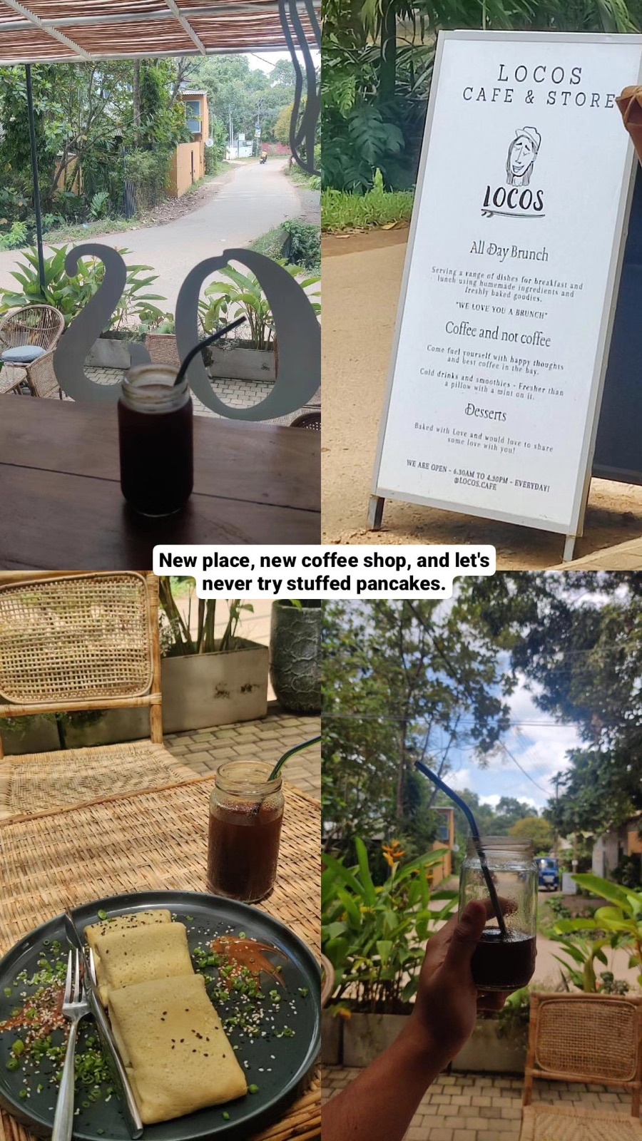 Story collage at Locos Cafe in Hiriketiya: iced coffee and stuffed pancakes