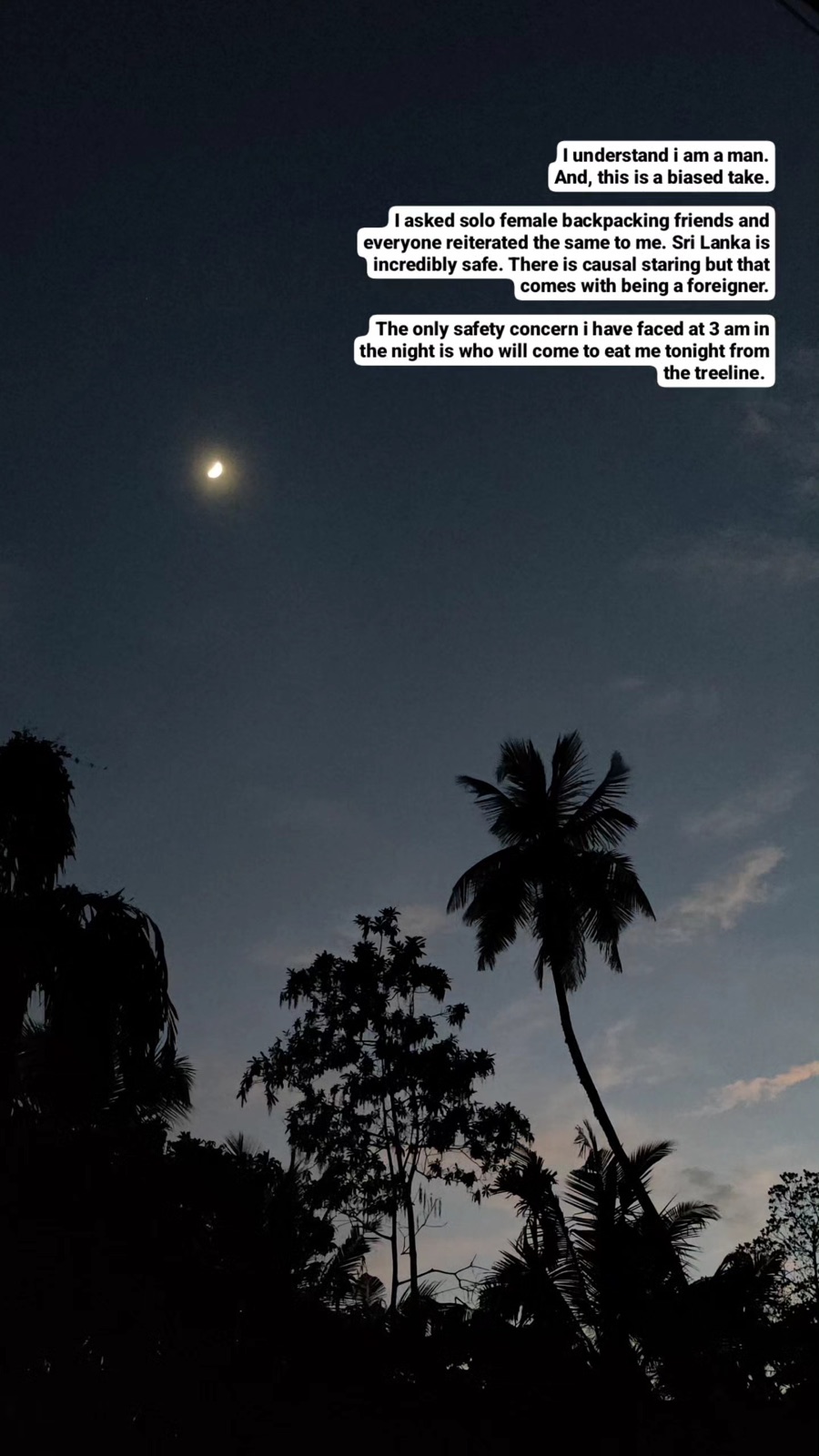 Moon over palm silhouettes at night in Hiriketiya with a note on solo travel safety