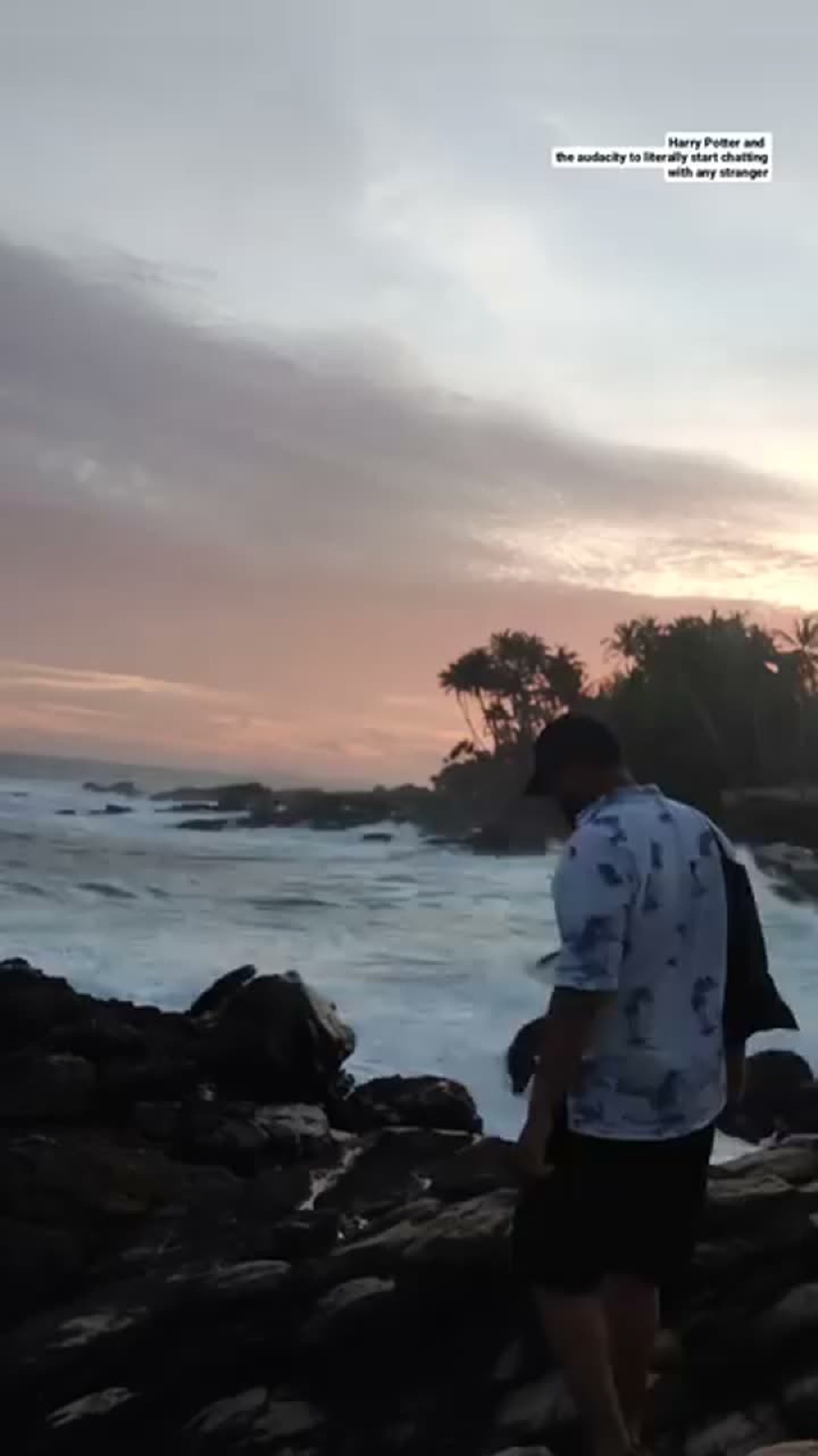 Story frame on the rocks at sunset: the audacity to start chatting with any stranger