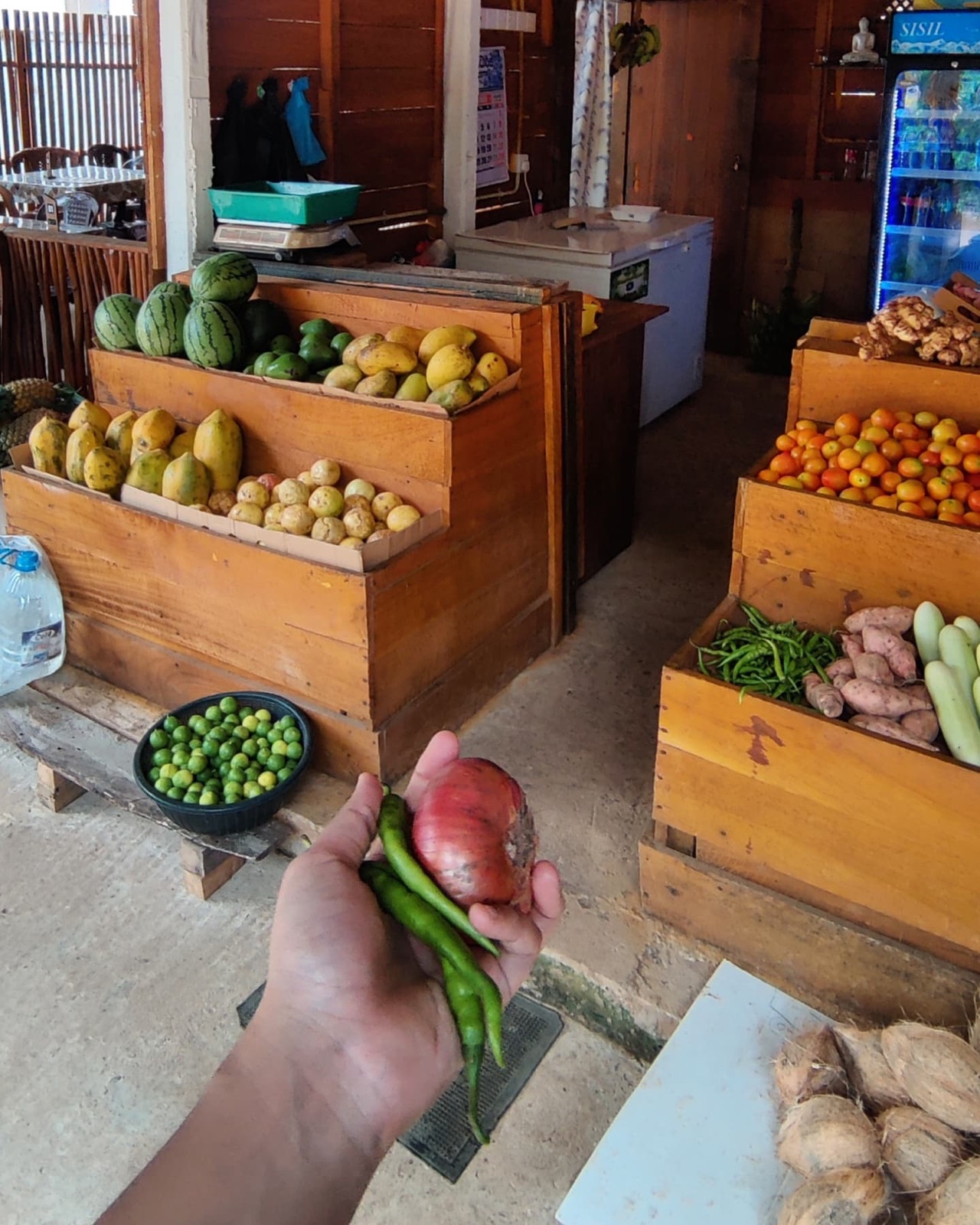 Buying chillies and an onion from the wooden produce crates at a village shop in Hiriketiya