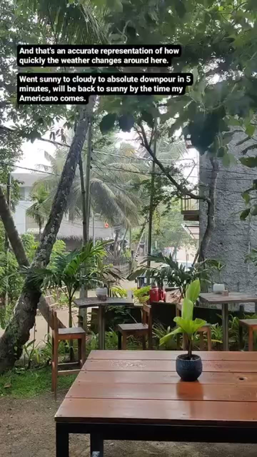 Story frame at a cafe as Hiriketiya weather swings from sun to downpour in five minutes