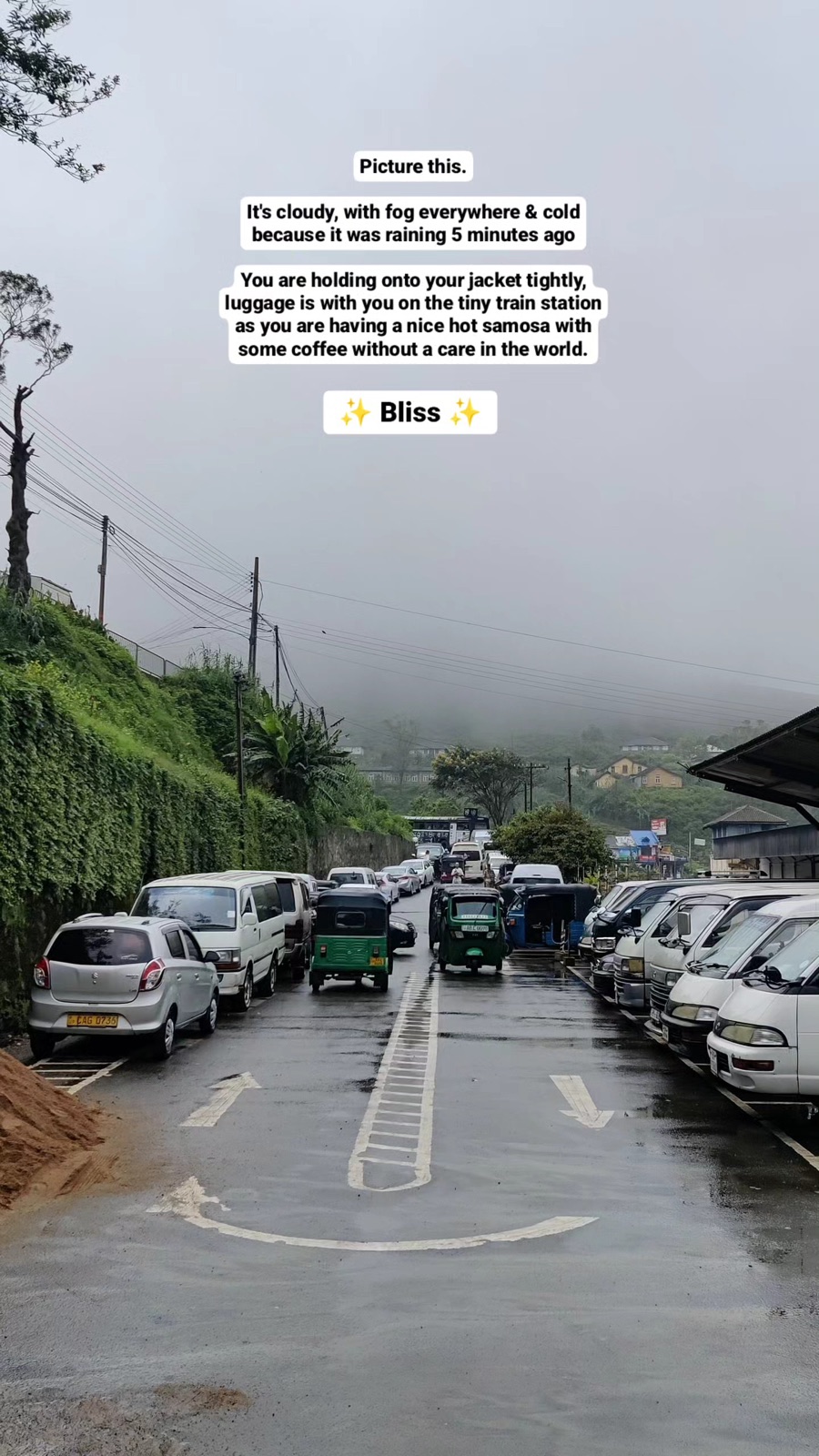 Foggy hills over Nanu Oya station, samosa and hot coffee in hand