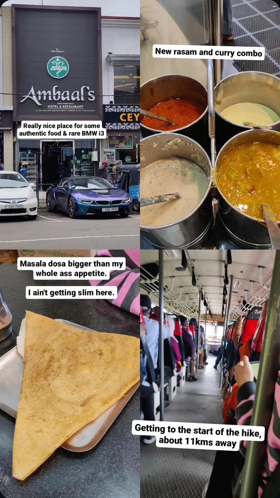Masala dosa and rasam curry at Ambaal's in Nuwara Eliya, then the bus to the trailhead