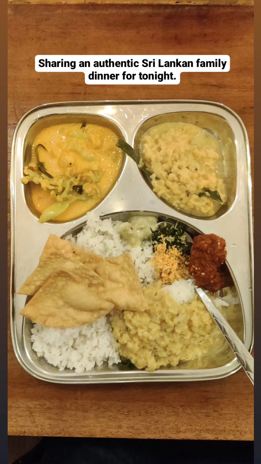 A Sri Lankan family dinner of rice, dhal, curries and pol sambol in Nuwara Eliya
