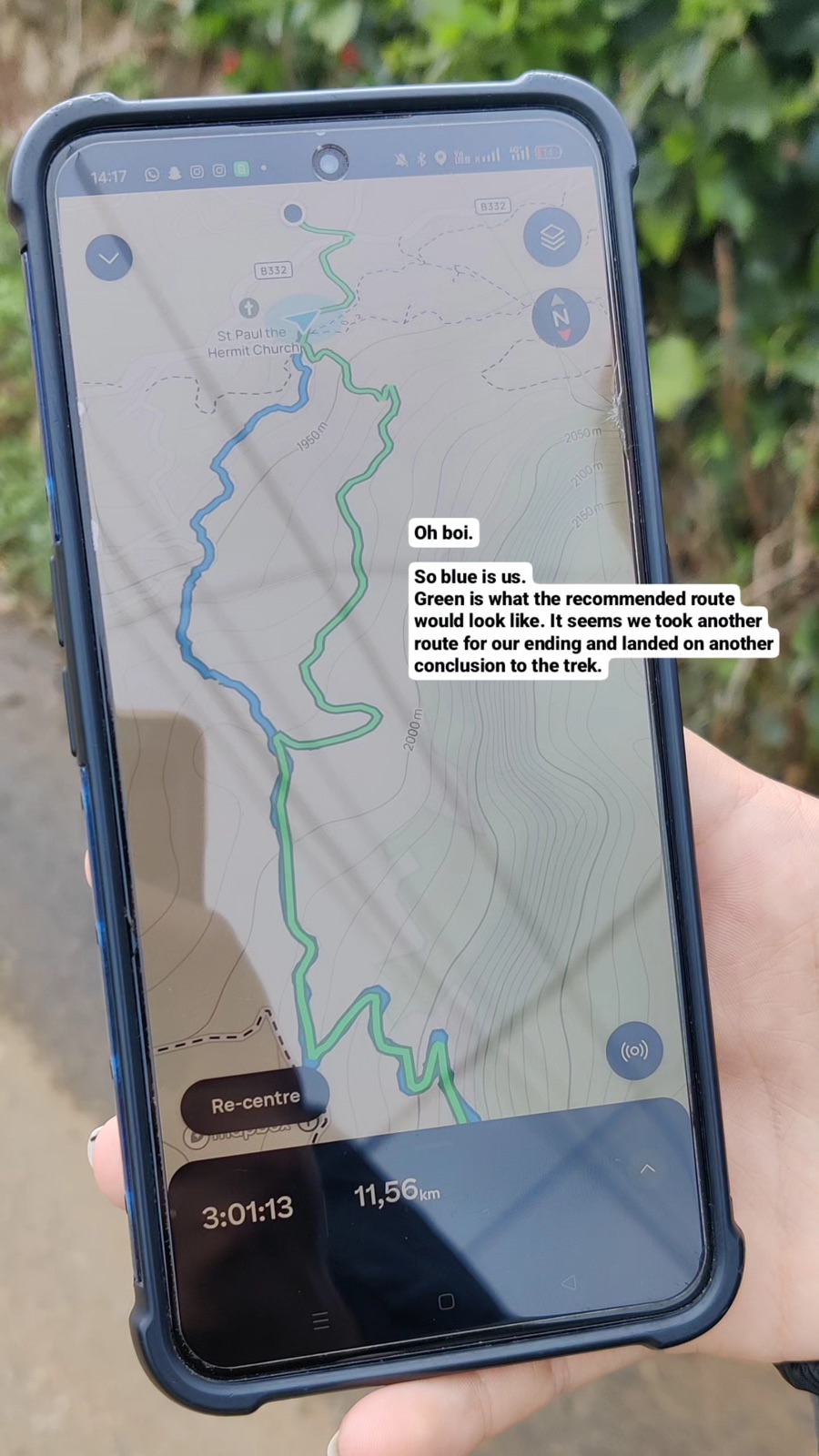 AllTrails map showing our route in blue versus the recommended route in green