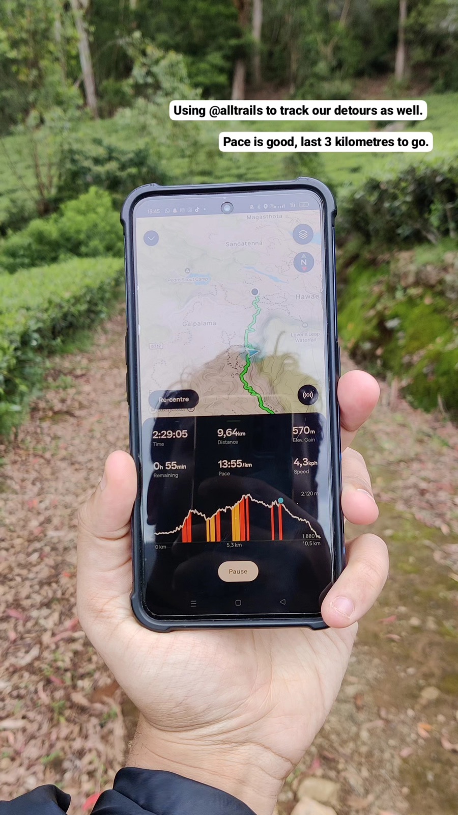 AllTrails on a phone tracking the Pekoe Trail hike, 3 kilometres to go