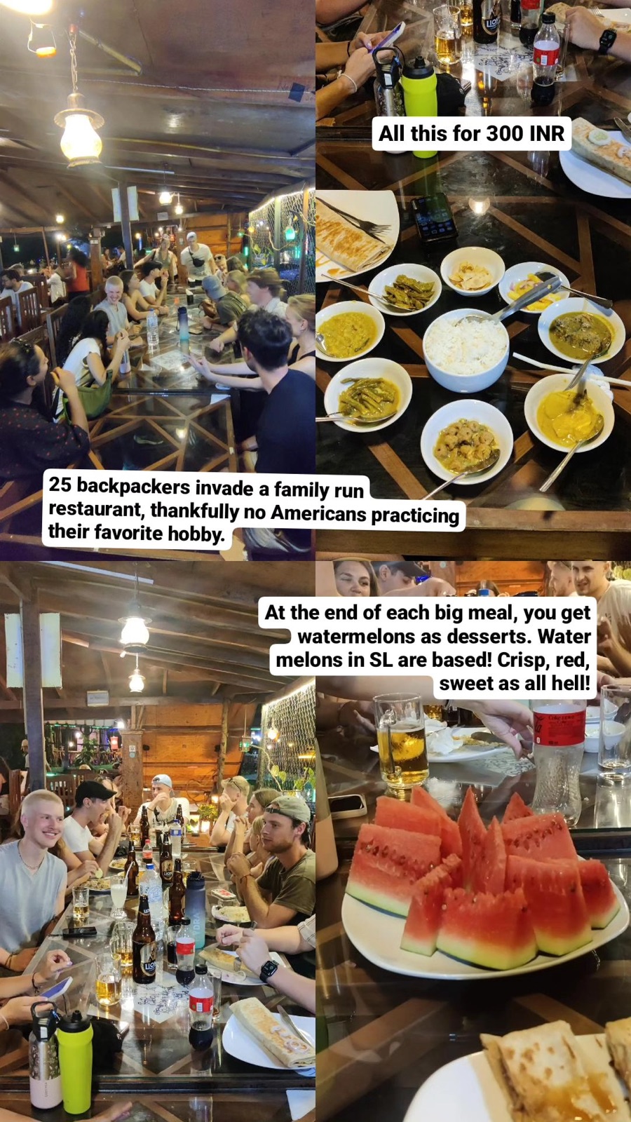 Story collage of 25 backpackers sharing a family-run rice and curry dinner and watermelon in Sigiriya