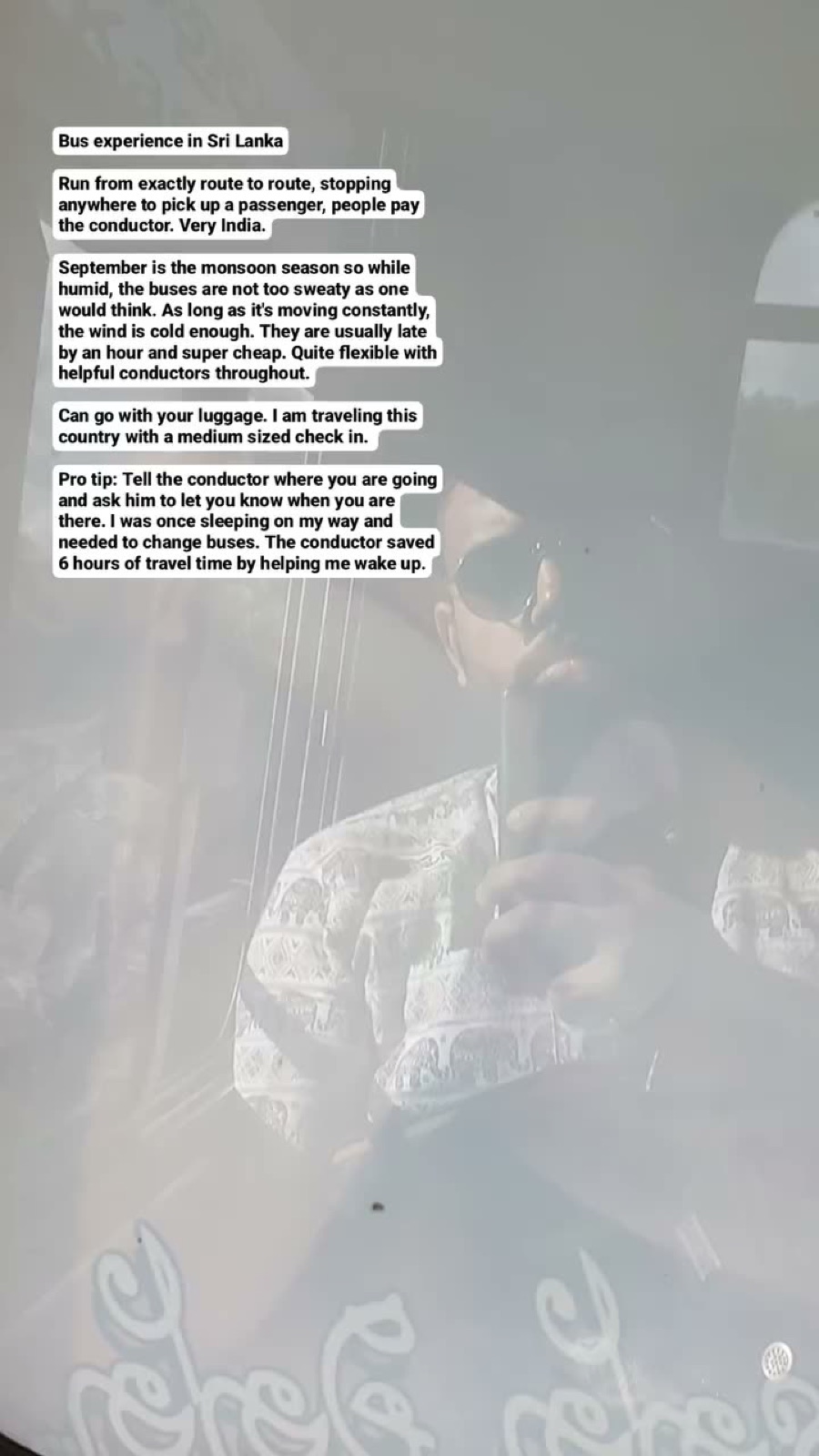 Story frame with notes on Sri Lankan buses and a pro tip about telling the conductor your stop